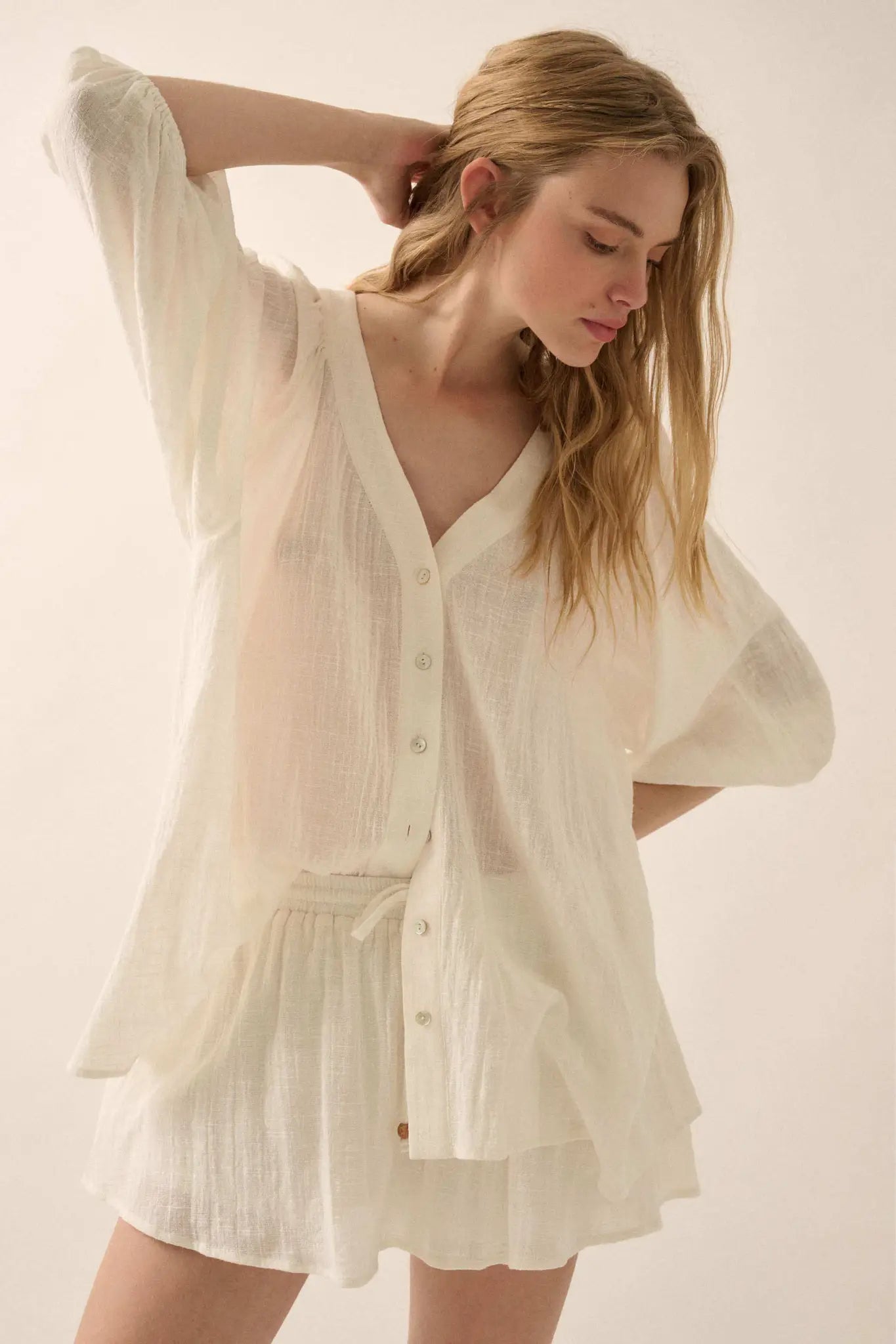 Fresh Feeling Textured Cotton Button-Up Blouse - ShopPromesa