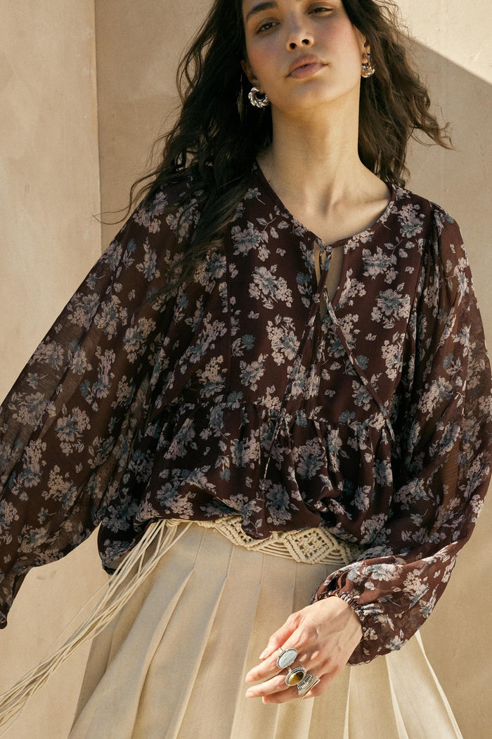 Country Garden Floral Chiffon Babydoll Peasant Top - ShopPromesa