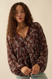 Country Garden Floral Chiffon Babydoll Peasant Top - ShopPromesa
