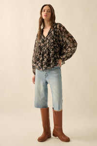 Country Garden Floral Chiffon Babydoll Peasant Top - ShopPromesa