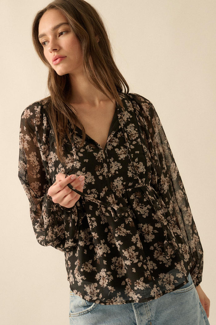 Country Garden Floral Chiffon Babydoll Peasant Top - ShopPromesa