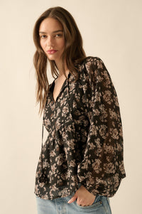 Country Garden Floral Chiffon Babydoll Peasant Top - ShopPromesa