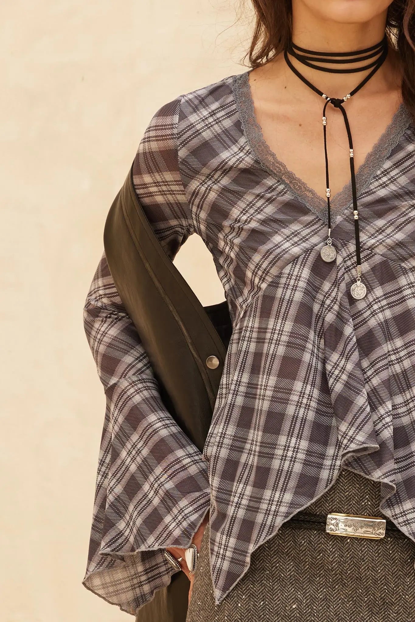 Check You Out Plaid Bell-Sleeve Handkerchief Top - ShopPromesa