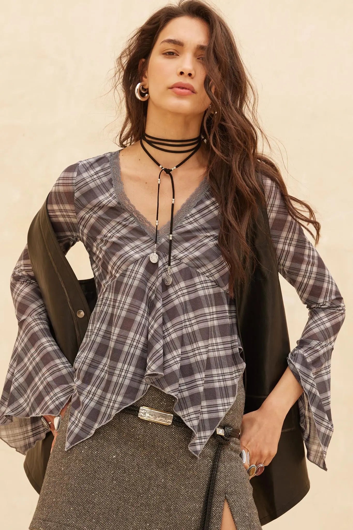 Check You Out Plaid Bell-Sleeve Handkerchief Top - ShopPromesa