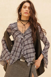 Check You Out Plaid Bell-Sleeve Handkerchief Top - ShopPromesa