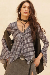 Check You Out Plaid Bell-Sleeve Handkerchief Top - ShopPromesa