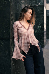 Check You Out Plaid Bell-Sleeve Handkerchief Top - ShopPromesa