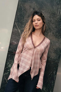 Check You Out Plaid Bell-Sleeve Handkerchief Top - ShopPromesa