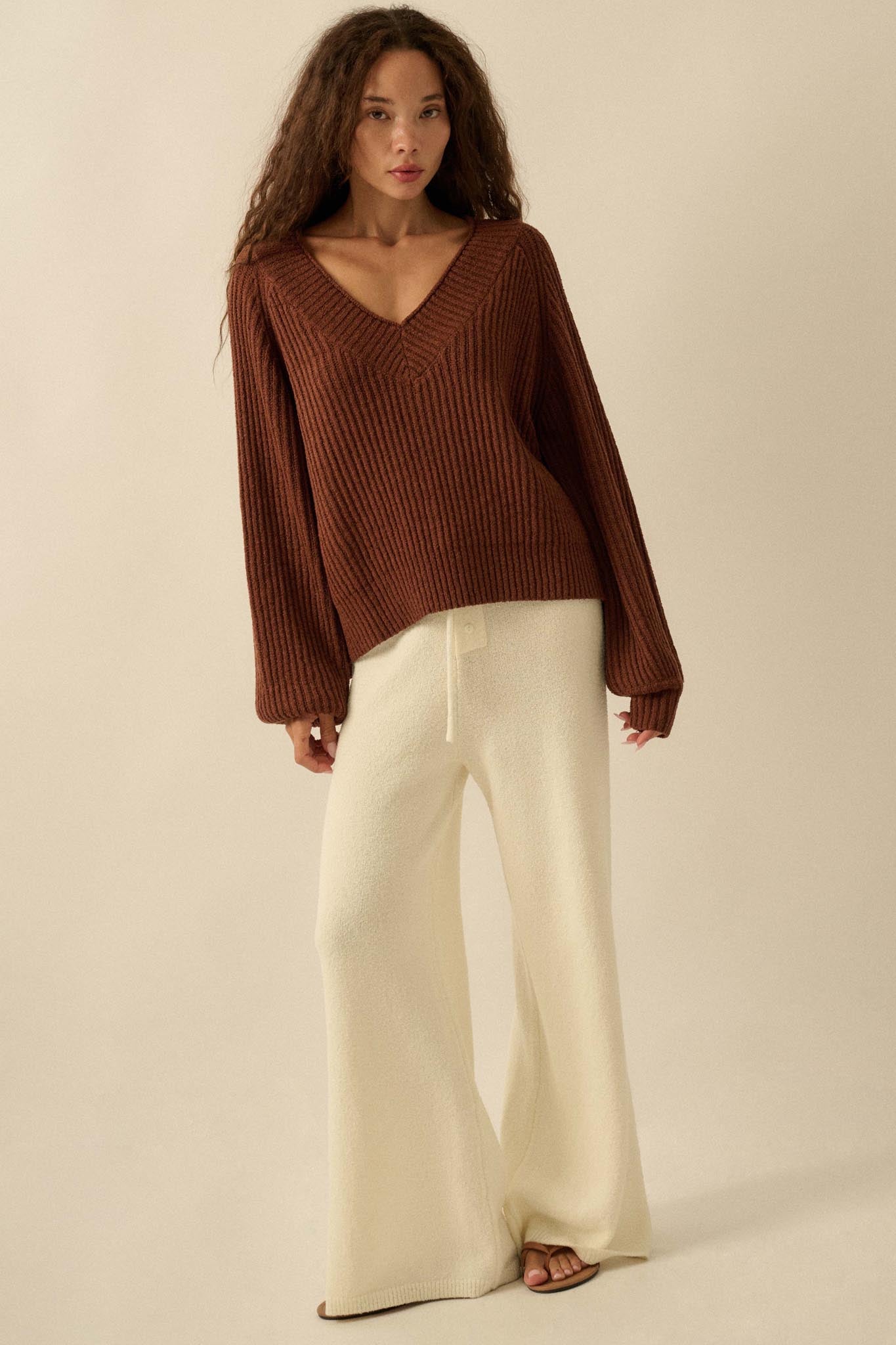 Promise the Label Rib-Knit Wide V-Neck Sweater - ShopPromesa