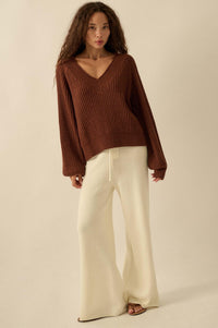Promise the Label Rib-Knit Wide V-Neck Sweater - ShopPromesa