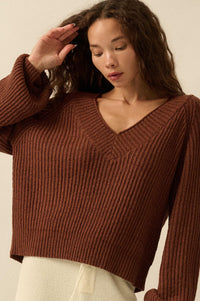 Promise the Label Rib-Knit Wide V-Neck Sweater - ShopPromesa