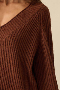 Promise the Label Rib-Knit Wide V-Neck Sweater - ShopPromesa
