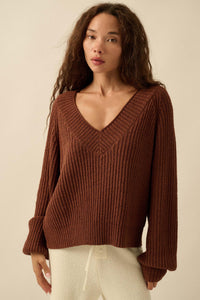 Promise the Label Rib-Knit Wide V-Neck Sweater - ShopPromesa