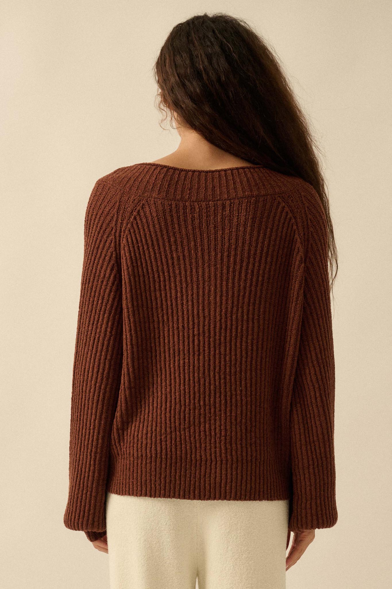 Promise the Label Rib-Knit Wide V-Neck Sweater - ShopPromesa