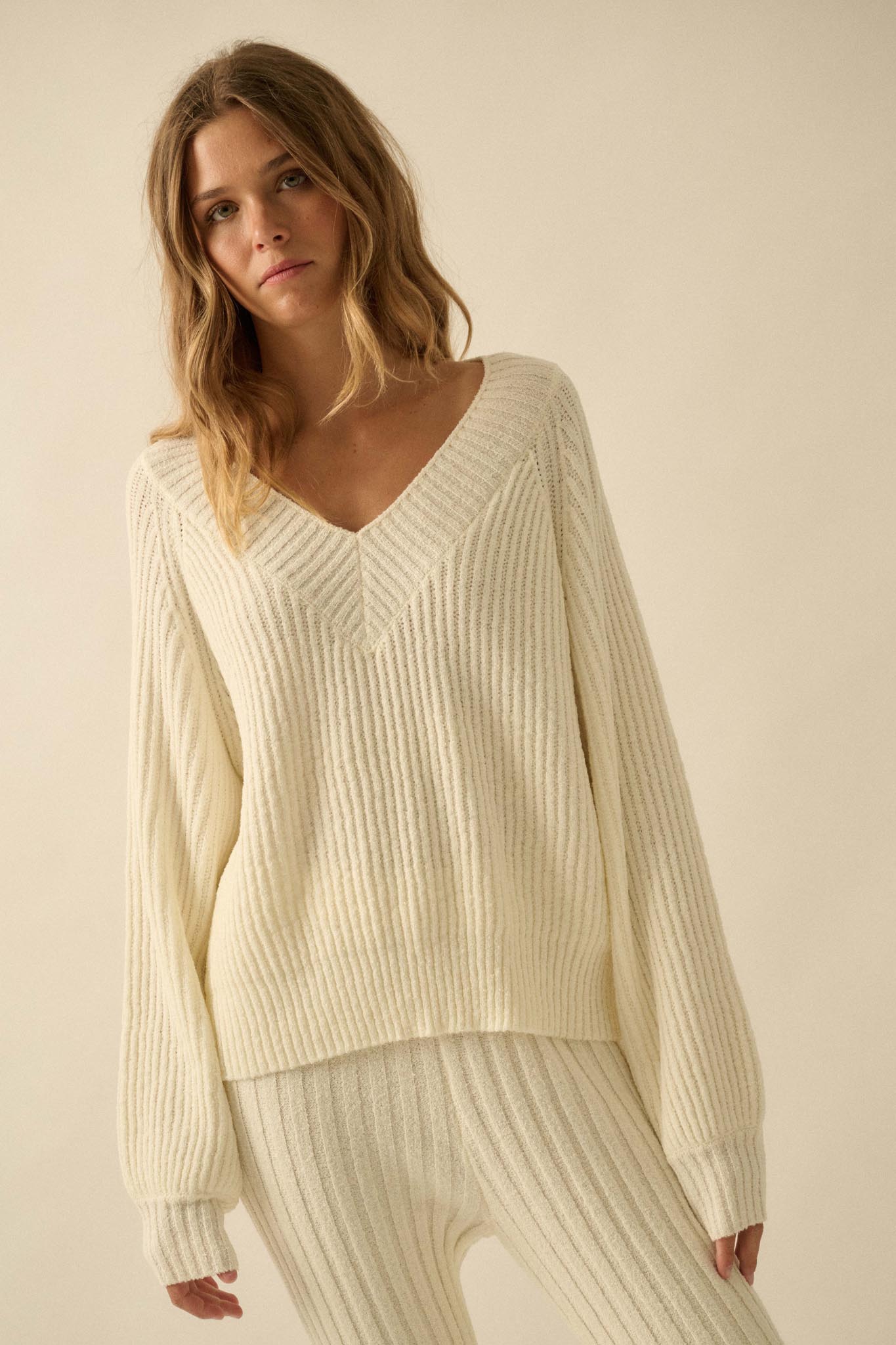 Promise the Label Rib-Knit Wide V-Neck Sweater - ShopPromesa