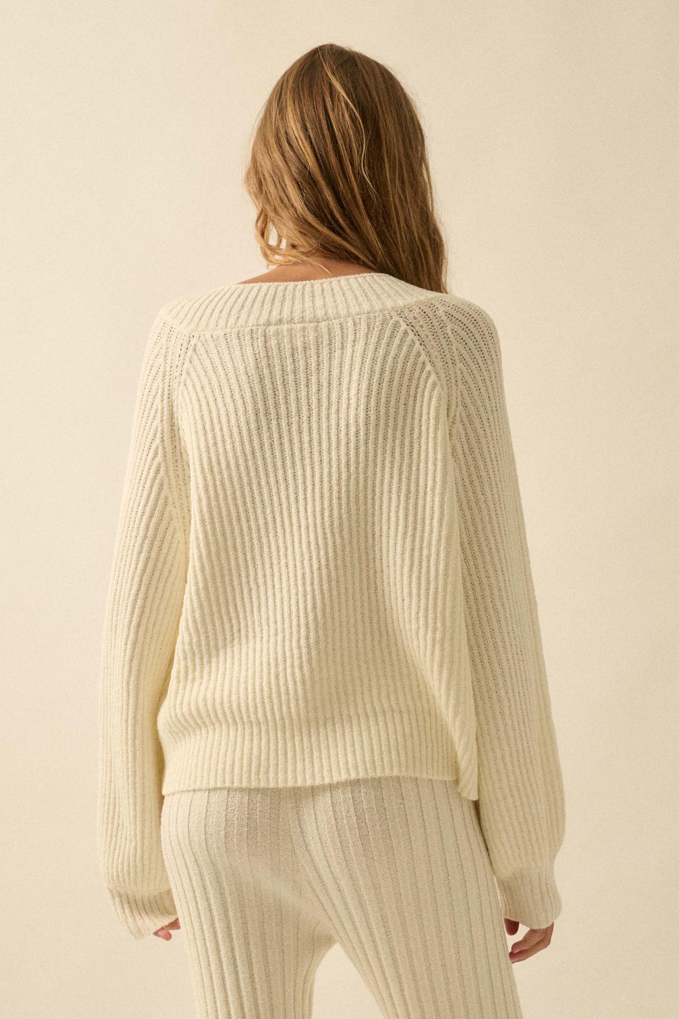 Promise the Label Rib-Knit Wide V-Neck Sweater - ShopPromesa