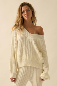 Promise the Label Rib-Knit Wide V-Neck Sweater - ShopPromesa