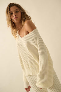 Promise the Label Rib-Knit Wide V-Neck Sweater - ShopPromesa