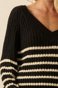 Promise the Label Striped Rib-Knit V-Neck Sweater - ShopPromesa