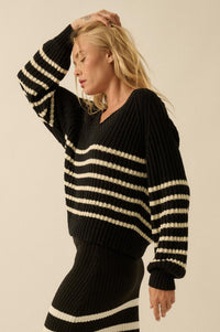 Promise the Label Striped Rib-Knit V-Neck Sweater - ShopPromesa