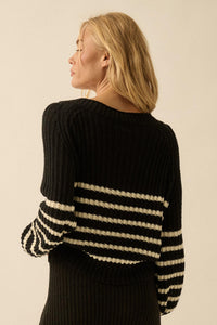 Promise the Label Striped Rib-Knit V-Neck Sweater - ShopPromesa
