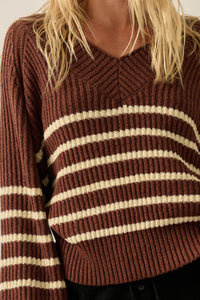 Promise the Label Striped Rib-Knit V-Neck Sweater - ShopPromesa