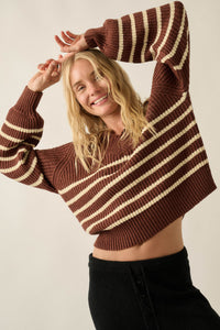 Promise the Label Striped Rib-Knit V-Neck Sweater - ShopPromesa