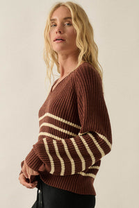 Promise the Label Striped Rib-Knit V-Neck Sweater - ShopPromesa