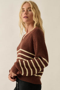 Promise the Label Striped Rib-Knit V-Neck Sweater - ShopPromesa