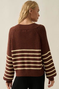 Promise the Label Striped Rib-Knit V-Neck Sweater - ShopPromesa