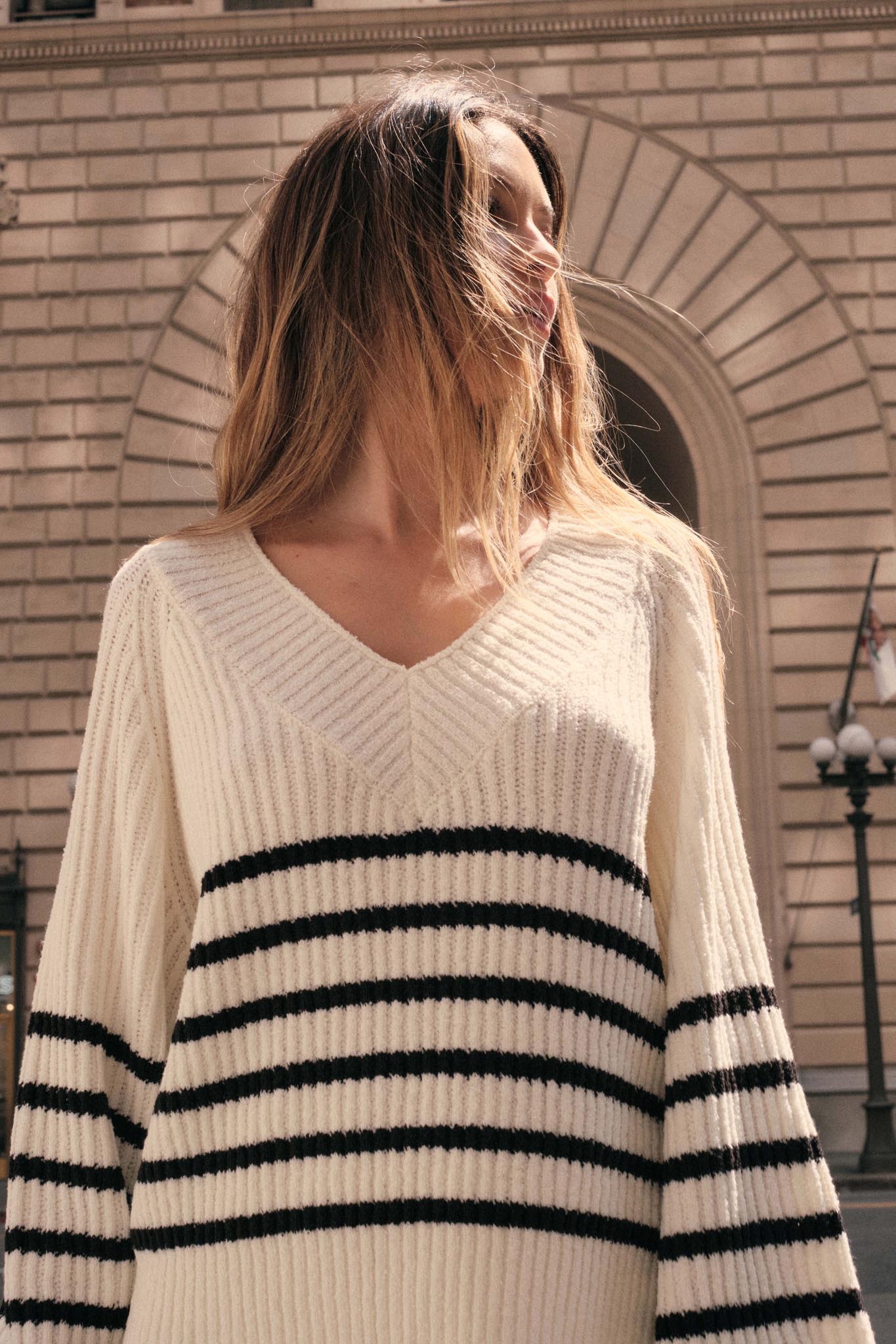 Promise the Label Striped Rib-Knit V-Neck Sweater - ShopPromesa