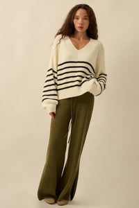 Promise the Label Striped Rib-Knit V-Neck Sweater - ShopPromesa