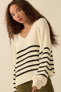 Promise the Label Striped Rib-Knit V-Neck Sweater - ShopPromesa