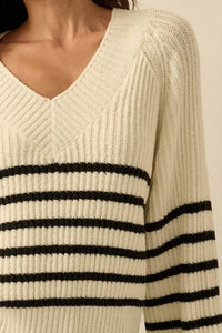 Promise the Label Striped Rib-Knit V-Neck Sweater - ShopPromesa