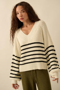 Promise the Label Striped Rib-Knit V-Neck Sweater - ShopPromesa