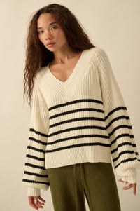 Promise the Label Striped Rib-Knit V-Neck Sweater - ShopPromesa