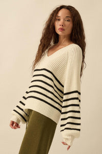 Promise the Label Striped Rib-Knit V-Neck Sweater - ShopPromesa