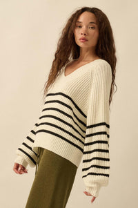 Promise the Label Striped Rib-Knit V-Neck Sweater - ShopPromesa