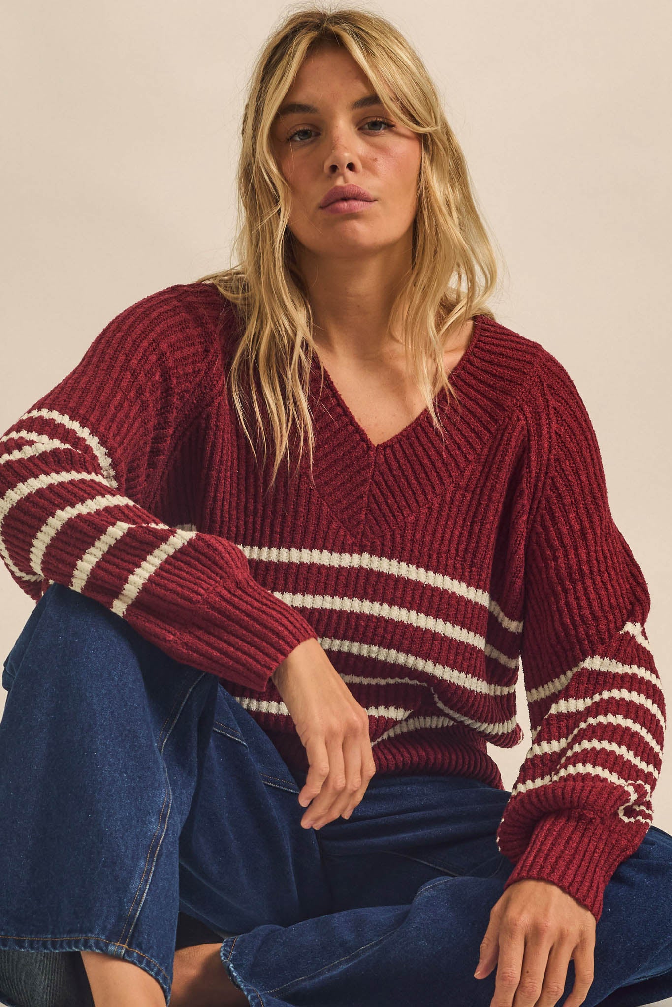 Promise the Label Striped Rib-Knit V-Neck Sweater - ShopPromesa