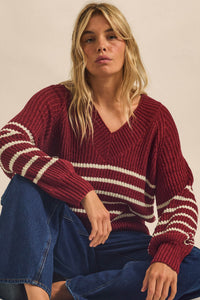 Promise the Label Striped Rib-Knit V-Neck Sweater - ShopPromesa