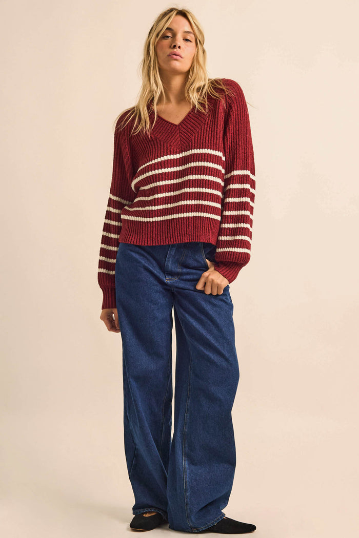 Promise the Label Striped Rib-Knit V-Neck Sweater - ShopPromesa