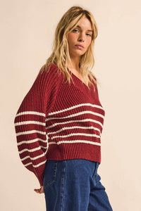 Promise the Label Striped Rib-Knit V-Neck Sweater - ShopPromesa