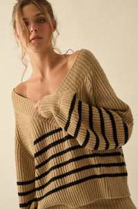 Promise the Label Striped Rib-Knit V-Neck Sweater - ShopPromesa