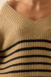 Promise the Label Striped Rib-Knit V-Neck Sweater - ShopPromesa