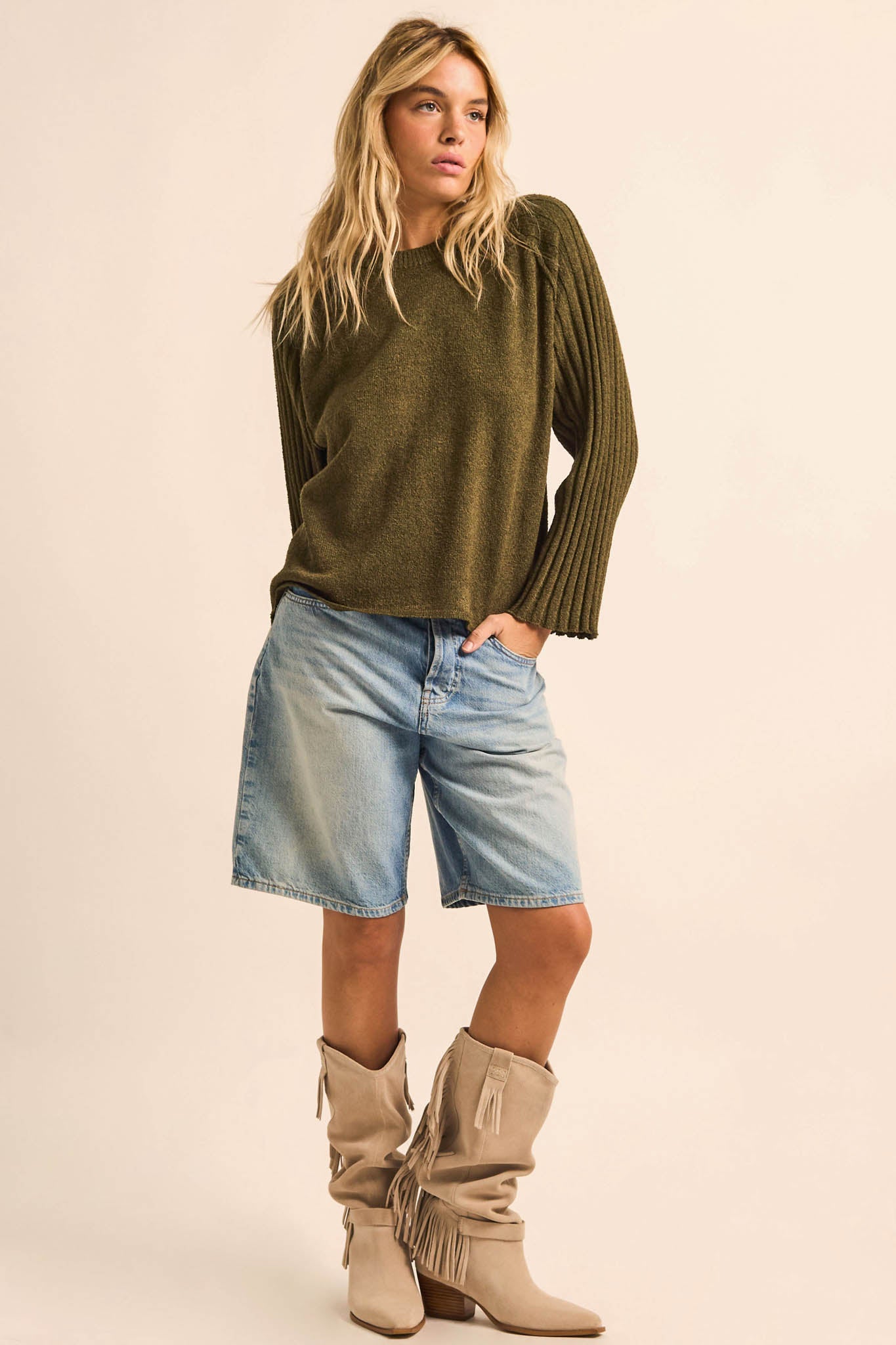 Promise the Label Textured Ribbed-Sleeve Sweater - ShopPromesa