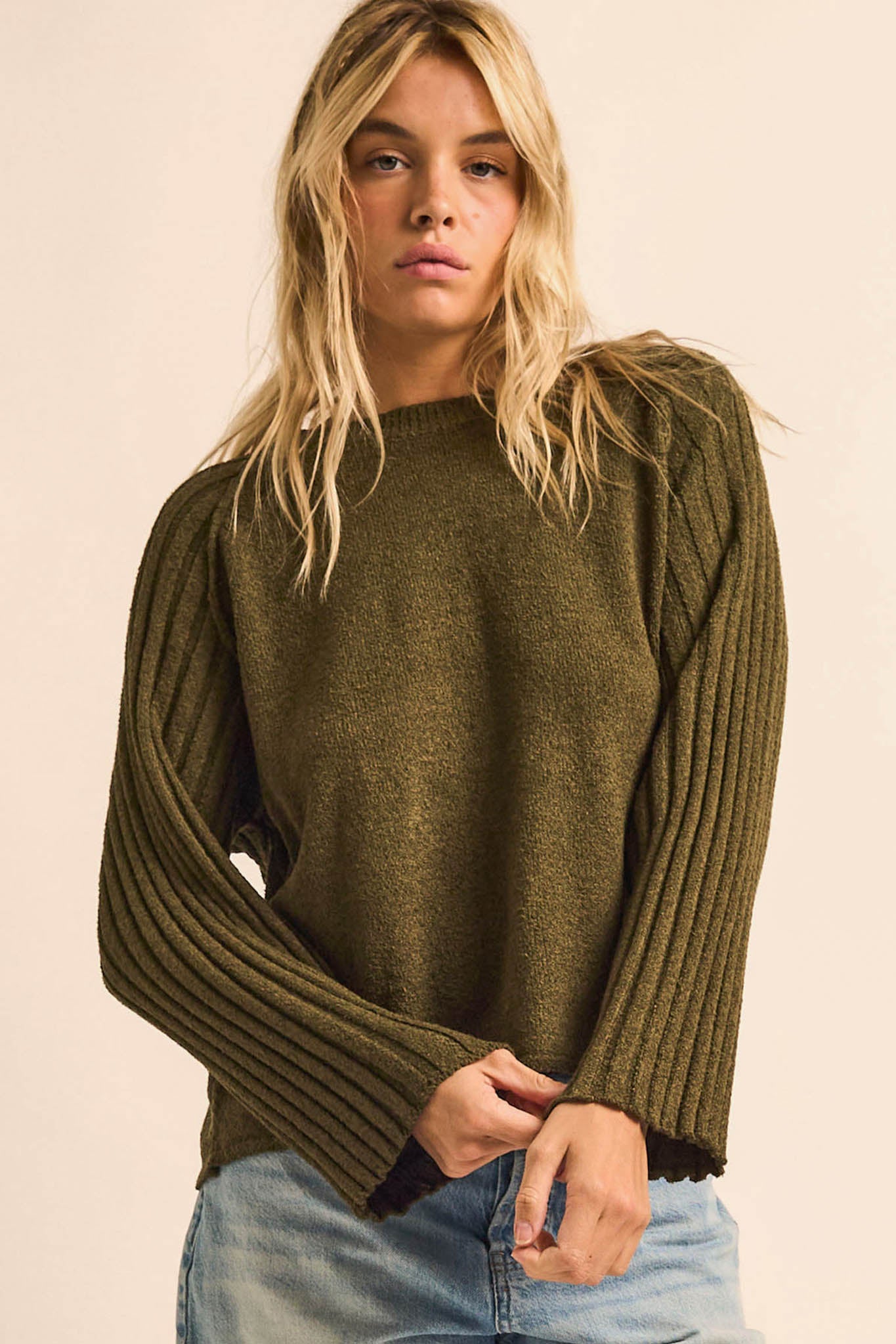 Promise the Label Textured Ribbed-Sleeve Sweater - ShopPromesa