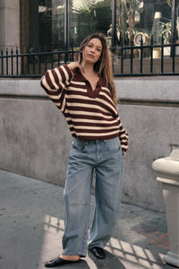 Promise the Label Striped Rib-Knit Collared Sweater - ShopPromesa