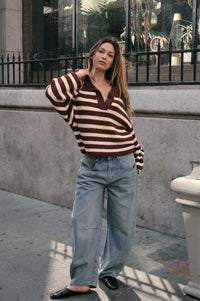 Promise the Label Striped Rib-Knit Collared Sweater - ShopPromesa