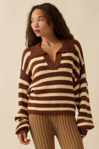 Promise the Label Striped Rib-Knit Collared Sweater - ShopPromesa