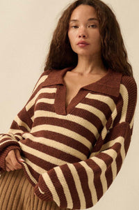 Promise the Label Striped Rib-Knit Collared Sweater - ShopPromesa